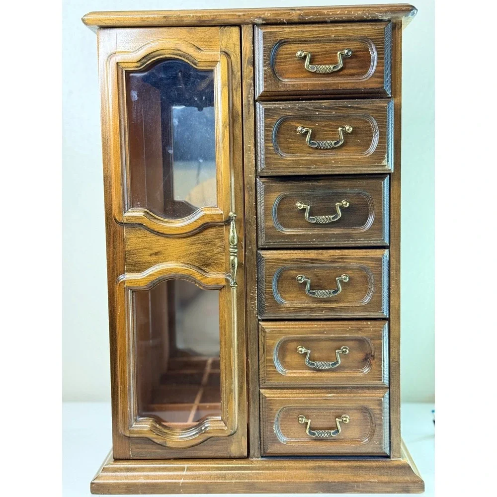 Vintage 1981 Avon Team Leader Jewelry Box Wooden Armoire Mirror 6 Drawers